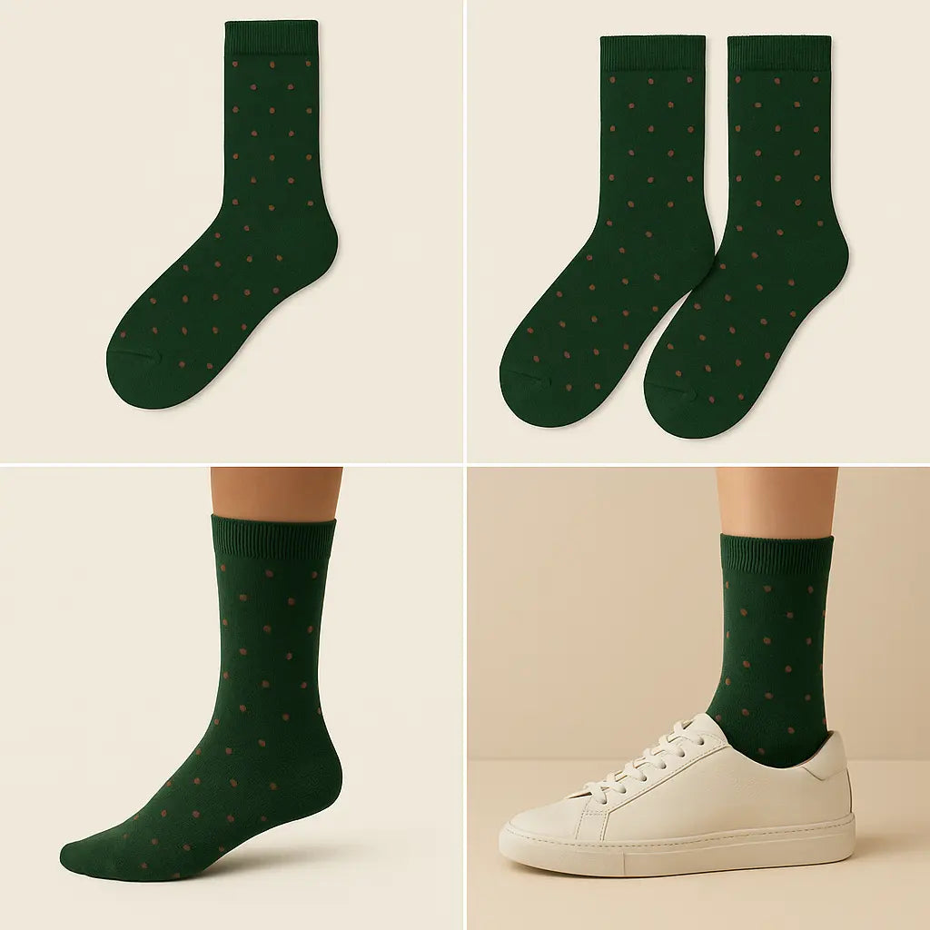 Chaussettes hommes Pois vert foncé en coton mi-mollet galerie produit