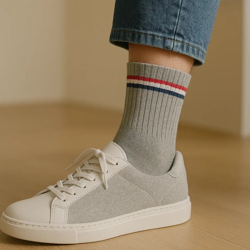 Chaussettes homme sport mollet en coton gris clair avec chaussures