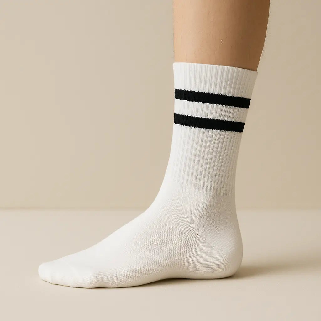 Chaussettes homme sport mi-mollet en coton blanc sur pied mannequin
