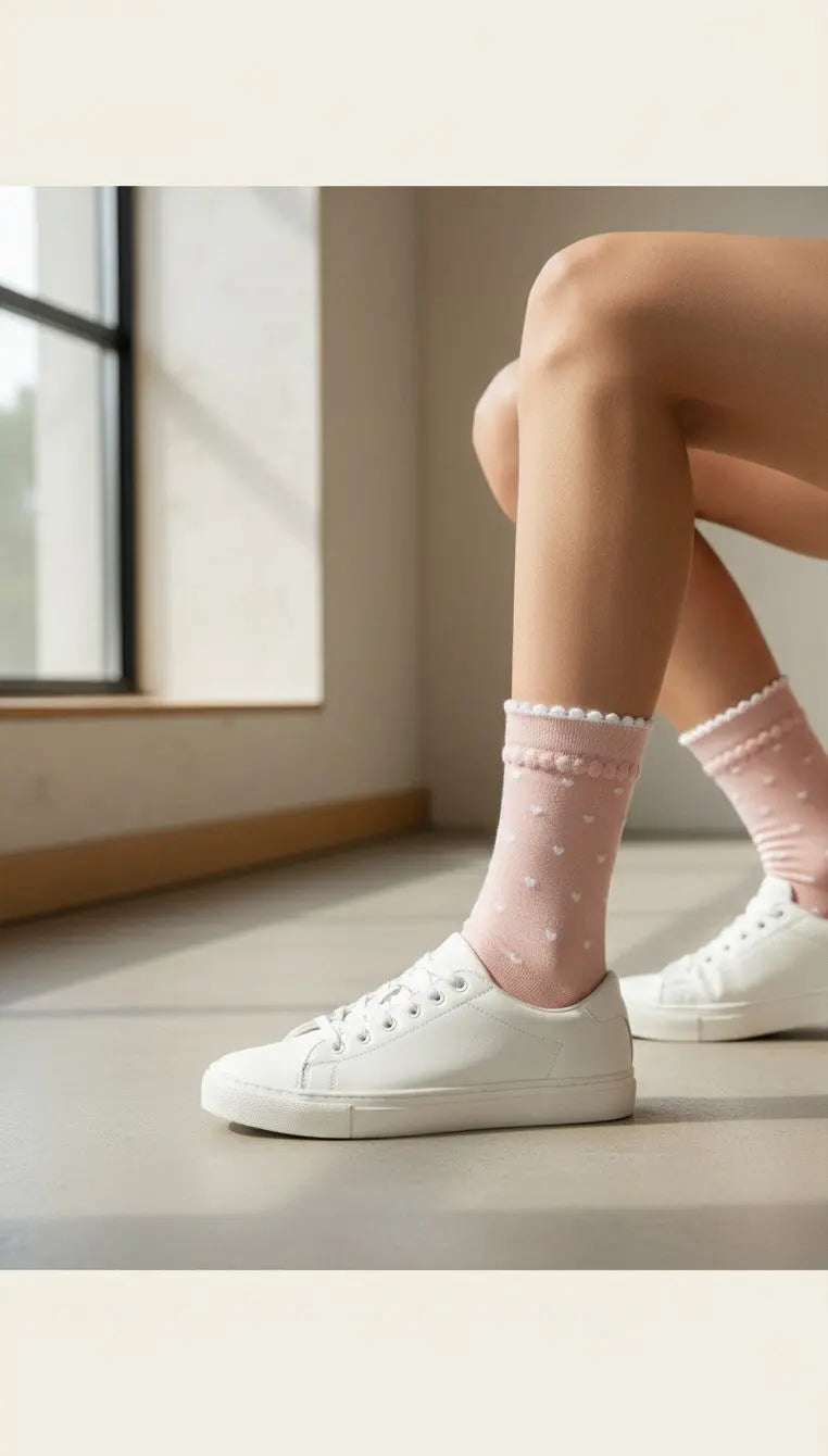 Chaussettes mi-mollet SOXX.shop rose pâle en coton peigné avec motif cœurs blancs et bordure festonnée