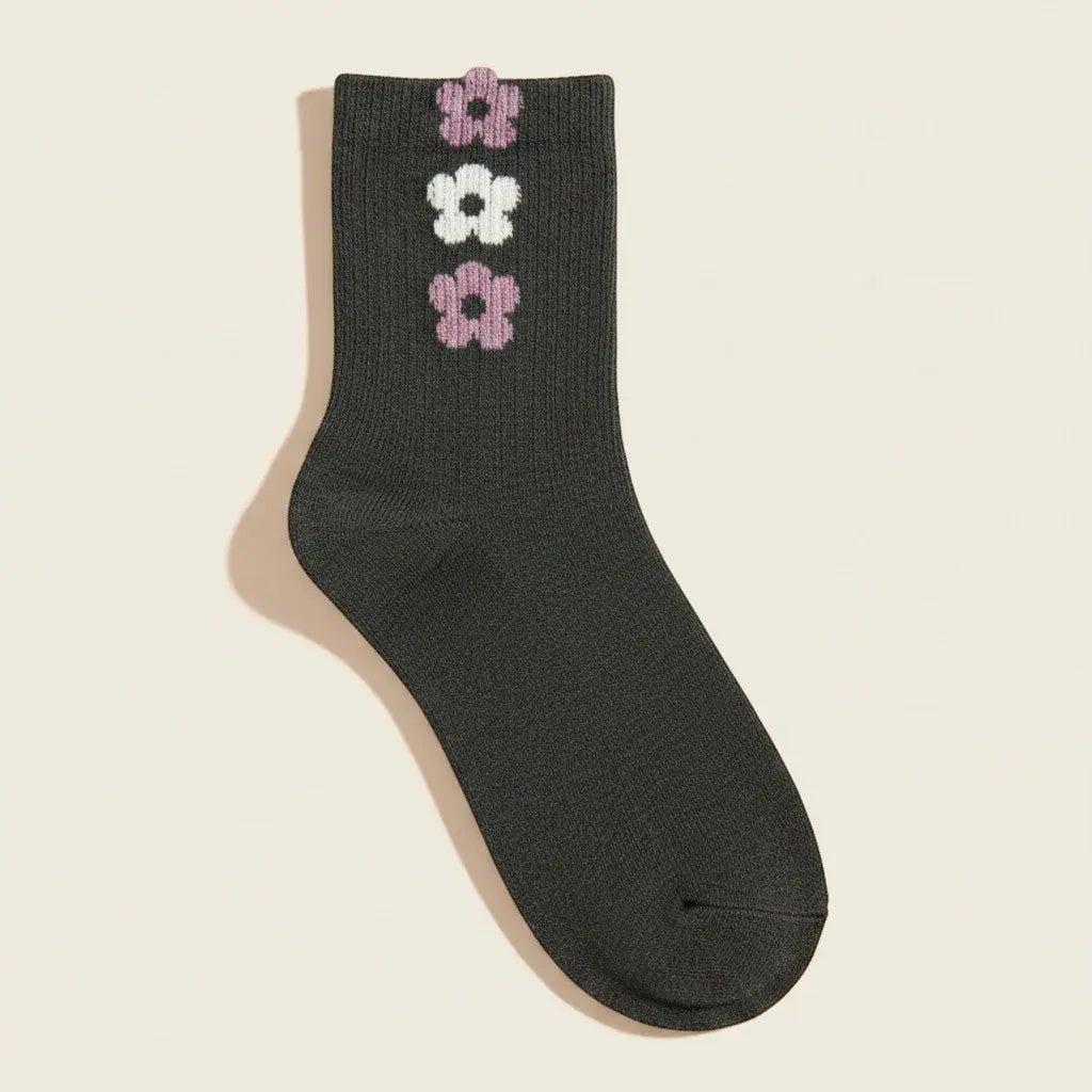 Chaussettes SOXX.shop mi-mollet en coton peigné gris anthracite avec trois petites fleurs brodées rose et blanc