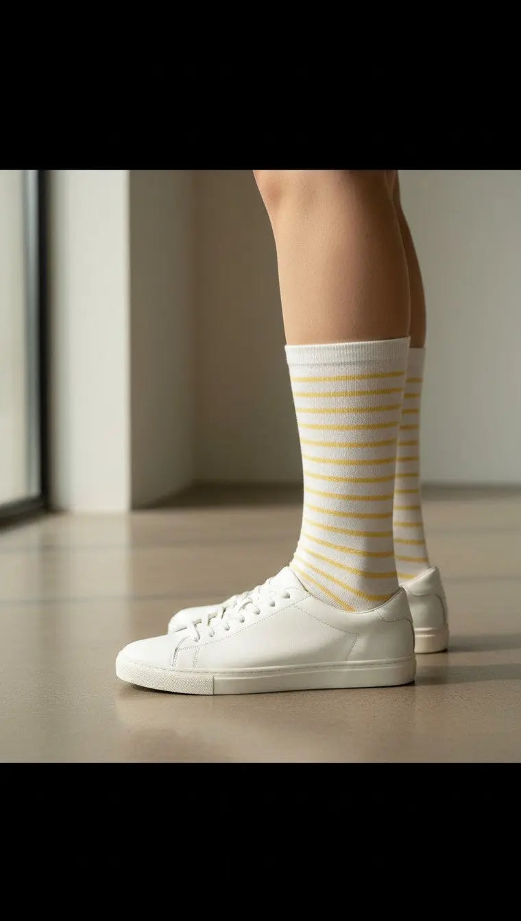 Chaussettes mi-mollet SOXX.shop pour femme en coton peigné blanc à rayures jaunes fines portées avec des baskets