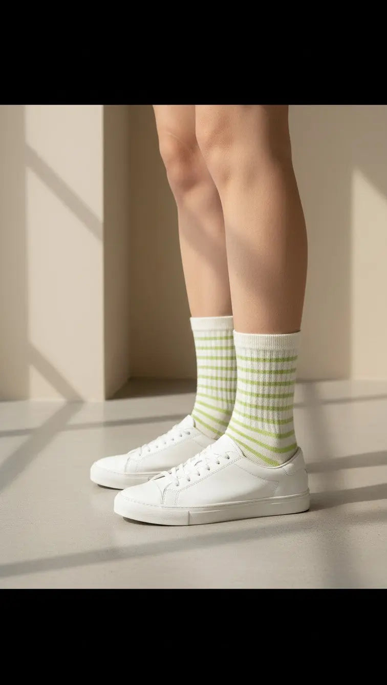Chaussettes mi-mollet SOXX.shop en coton peigné blanc et rayures vert clair portées avec des baskets blanches