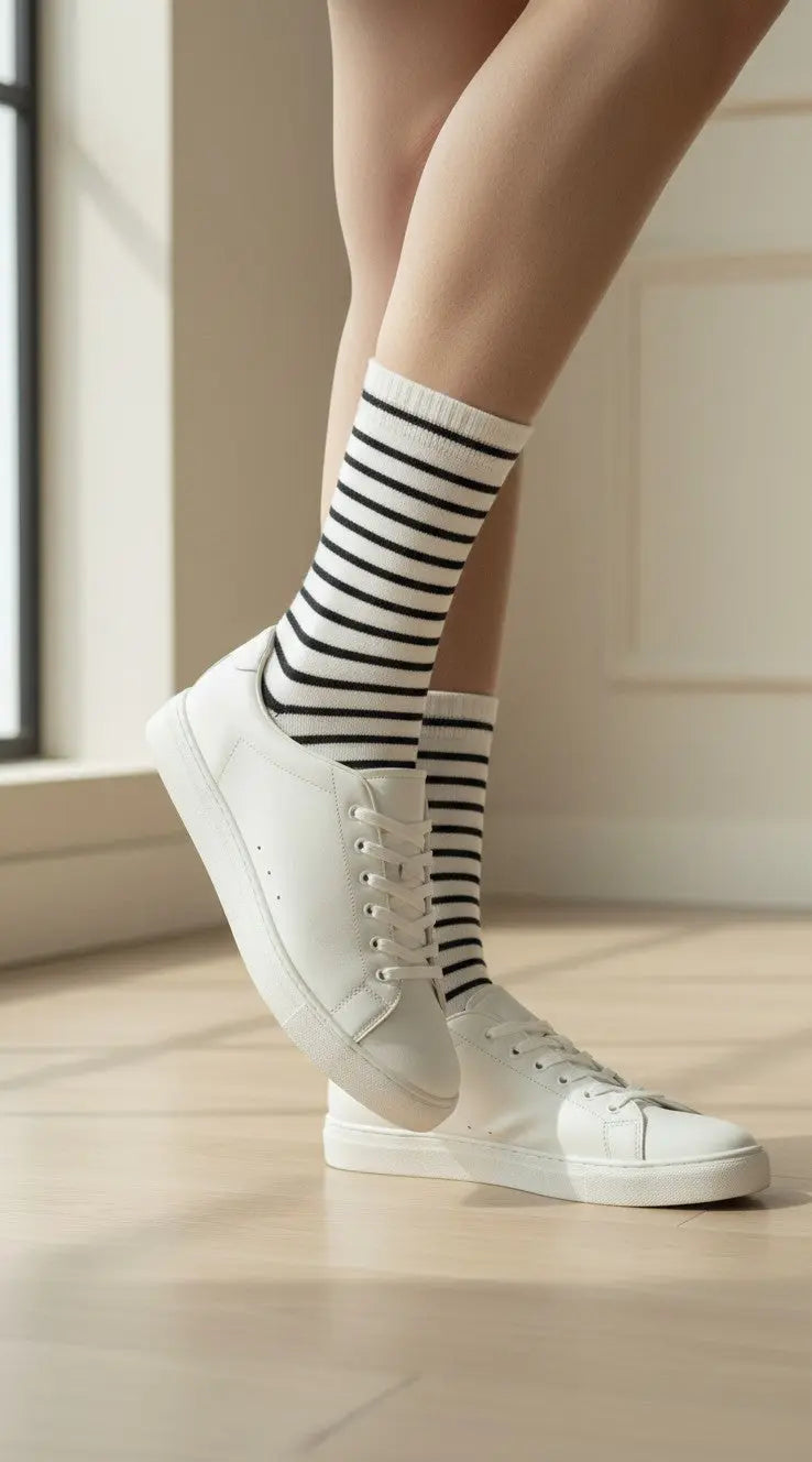 Chaussettes mi-mollet SOXX.shop en coton peigné blanc à rayures noires portées avec des baskets blanches