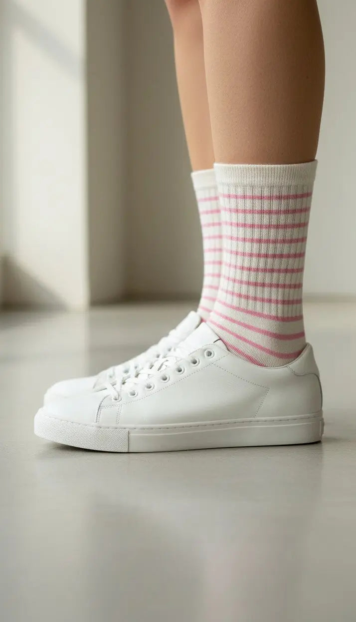Chaussettes mi-mollet SOXX.shop en coton peigné blanc à rayures fines roses portées avec des baskets blanches